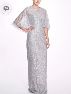Marchesa Notte Silver  Strapless Evening Gown with Sheer Cape